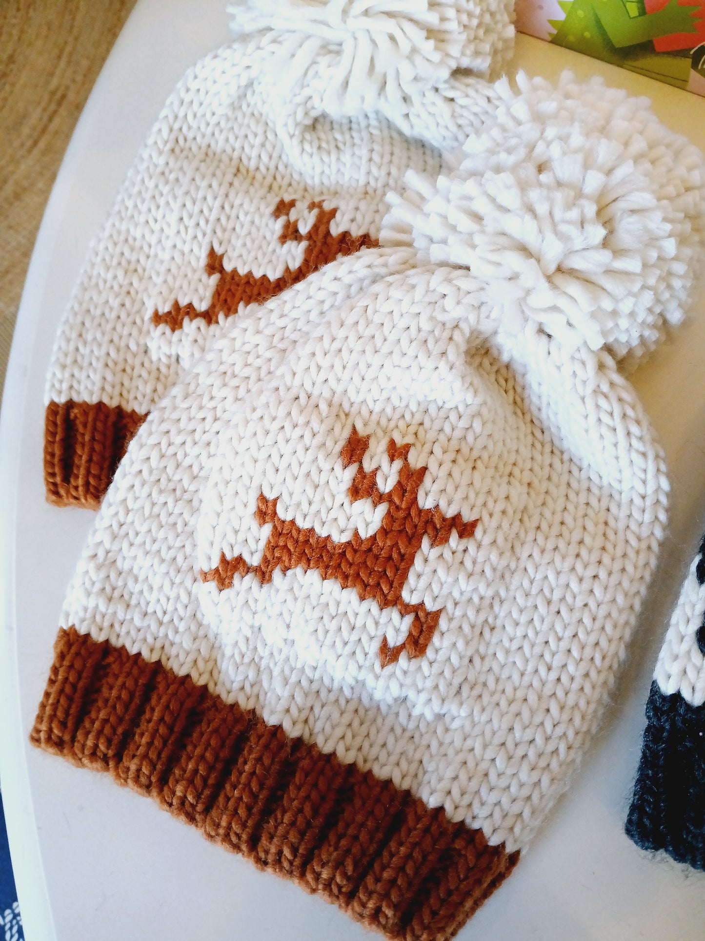 Knitted pom pom beanie, child, deer