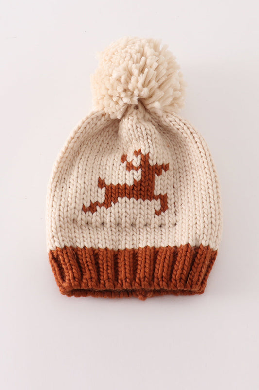 Knitted pom pom beanie, child, deer